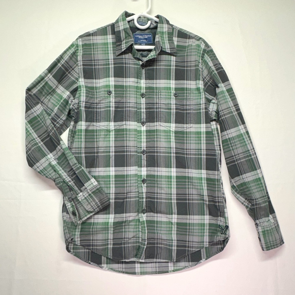 American Eagle Vintage Fit Green Plaid Button Down‎ Long Sleeve Shirt Men's M